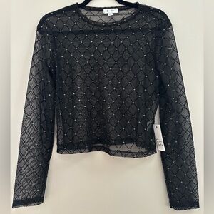 Chic Black Mesh Blouse with Diamond Pattern